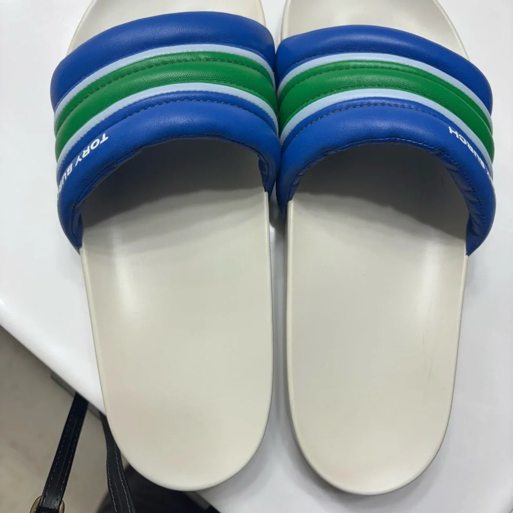 Tory Burch Blue and Green Striped Slides - Picture 8 of 11